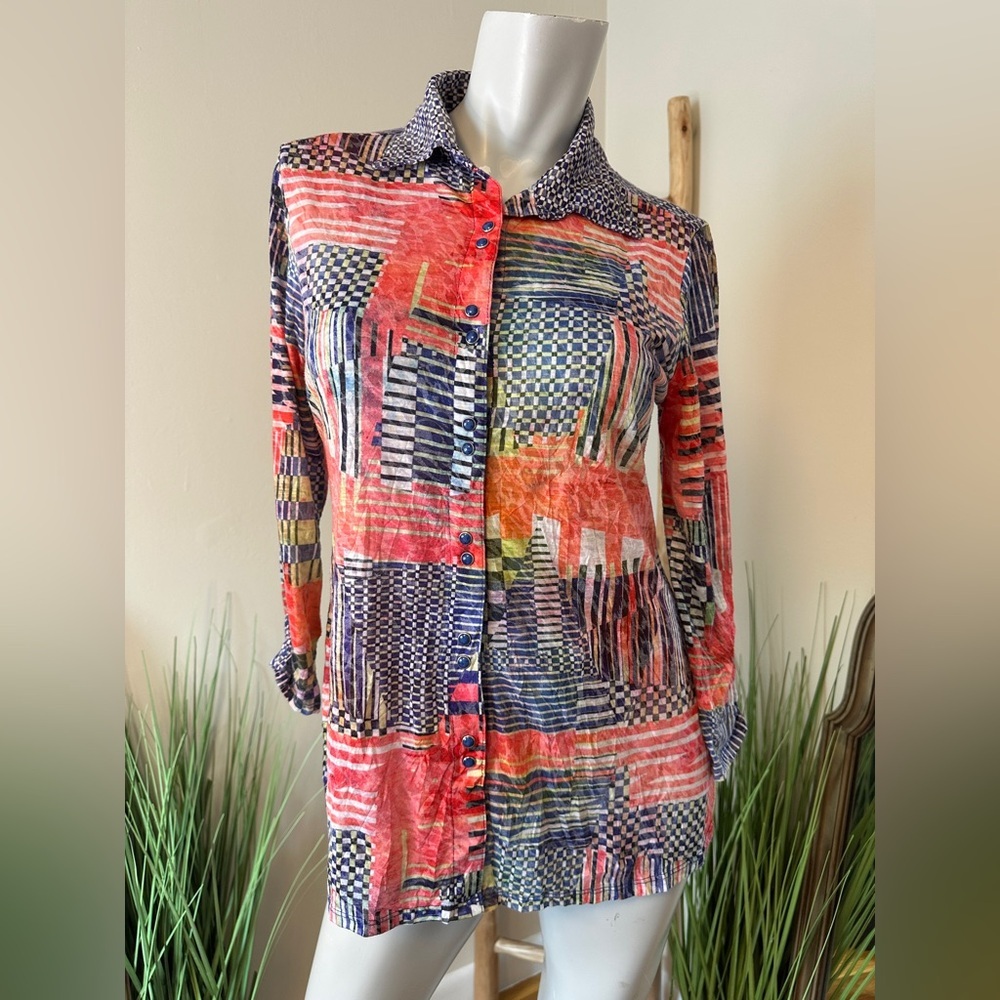 Carine Patchwork Print Gem Button Down Top Small … - image 1